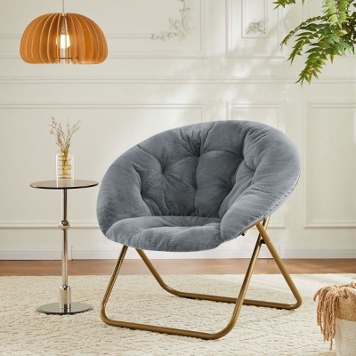 Round Portable Foldable Faux Fur Comfy Saucer Chair,Adult Size Bedroom Living Room Comfy Furry Padded Soft Lounge Lazy Moon Chair-Cuddlewood