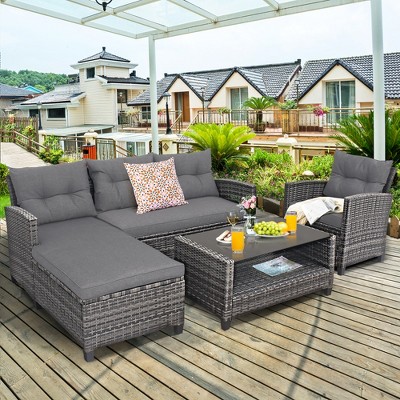 Costway 4PCS Patio Rattan Furniture Set Sofa Ottoman Cushion Garden Deck White/Gray/Black