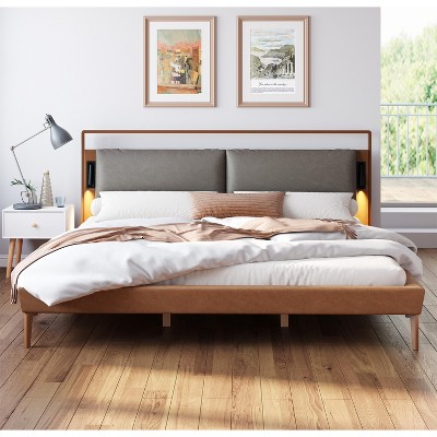 Full/Queen/King Size Wood Platform Bed Frame with PU Upholstered Headboard and 2 Night Lights, Brown+Gray -Christopher Knight Home