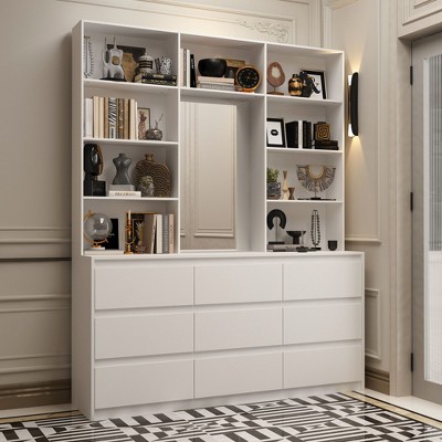 Famapy Minimalist Entryway Cabinet with Large-Capacity Display Cabinet with Drawers & Open Shelves,Ideal for Living Room/Hallway