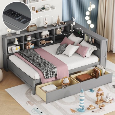 TIRAMISUBEST Twin/Full Size l-Shaped DayBed with 2 Storage Drawers, Wooden DayBed Frame Sofa Bed with Storage Shelf and USB Charging Ports