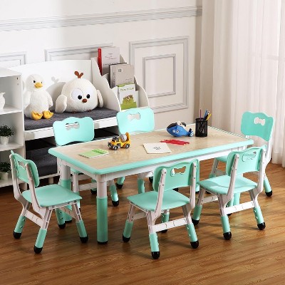 Kids Table and Chairs Set, Toddler Height Adjustable Desk with Graffiti Desktop, 6 Seats