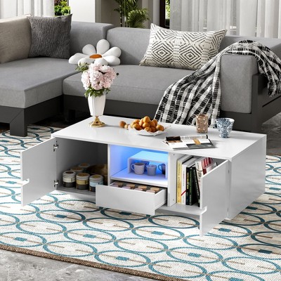 NicBex Modern High Gloss Coffee Table with 16-Color LED Lights&Storage Space,Stylish Center Table Chic Cocktail Table for Living Room,100lbs Max