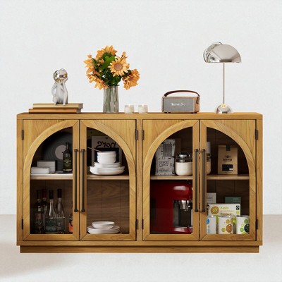 60" Retro Arched 4-Door Buffet Sideboard Cabinet with Glass Doors, Adjustable Shelves, and Wire Management for Dining Room, Kitchen, or Living Room
