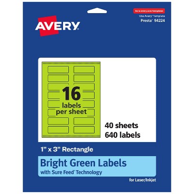 Avery Bright Green Paper Labels, 1" x 3" Rectangle
