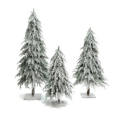 LuxenHome Set of 3 3Ft, 4Ft, and 5Ft Artifical Snow-Flocked Cedar Christmas Trees Green