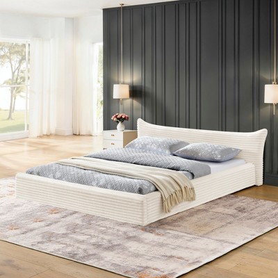 TIRAMISUBEST Queen Size Upholstered Velvet Floor Bed Frame with Curved Headboard, Horizontal Stripes Design Platform Bed