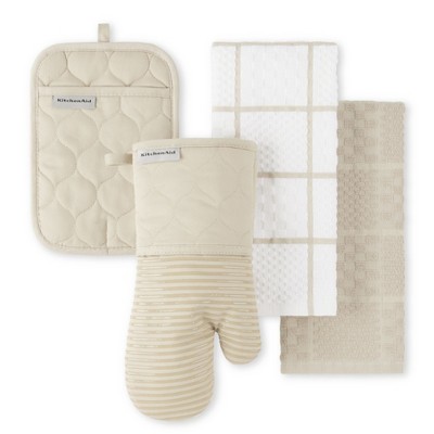 KITCHENAID Quilted Cotton Terry Cloth Oven Mitt, Pot Holder, Kitchen Towel 4-Pack Set, Silicone Grip, Milkshake, 16"x26", 7"x13" & 7"x10"
