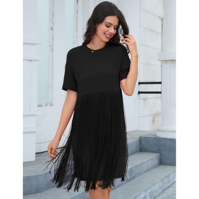 Coolmee Women's Fringed T-Shirt Dresses Crew Neck Short Sleeve Solid Color Stylish Casual Comfortable Fit Flowy Fringed Midi Dresses L Black