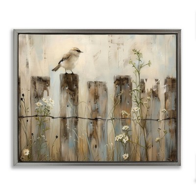 Stupell Industries Fence Perched Country Bird Floating Frame Canvas Art