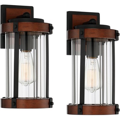 John Timberland Stan Industrial Outdoor Wall Light Fixtures Set of 2 Dark Wood Black Metal 13 1/2" Clear Glass for Post Exterior Barn