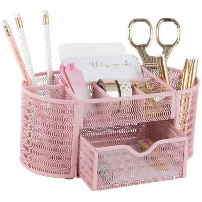 Blu Monaco Small Metal Mesh Desk Organizer with Drawer - Available in Aqua, Gold, and Pink
