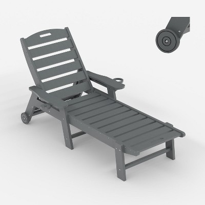 Lounge Chair for Outside, Outdoor HDPE Chaise Loungers with Cup Holder, Resin Pool Lounge Chair with Rolling Wheels