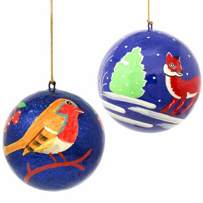 Slickblue Handcrafted Set of 2 Papier-Mâché Ornaments – Whimsical Bird & Animal Designs, 3" with Tassel Loops