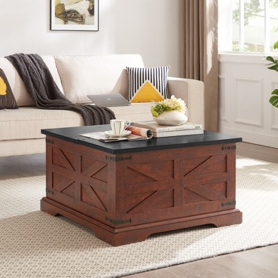 Farmhouse Square Coffee Table with Hidden Storage, Rustic Barn Design Wood Cocktail Table with Hinged Lift Top