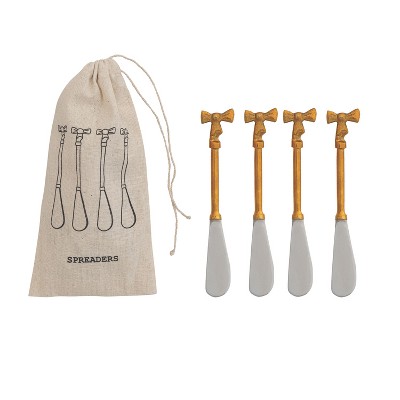 Storied Home 4-Piece Canape Knives with Gold Finish Bow Handles, Stainless Steel and Brass