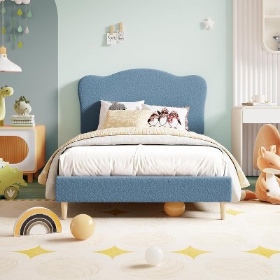 Upholstered Twin/Full Size Bed Frame for Kids, Scallop Headboard, No Box Spring, Wooden Slats, Noise-Free