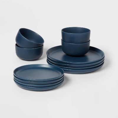 12pc Stoneware Tilley Dinnerware Set Blue - Threshold™: Solid Dish Set, Microwave & Dishwasher-Safe, Service for 4