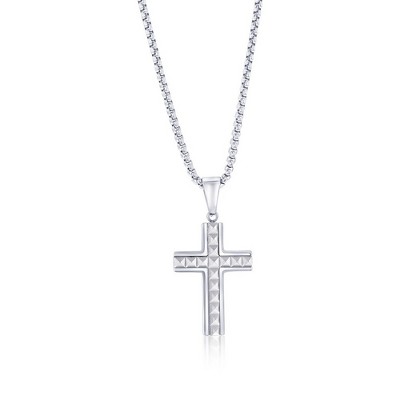 Metallo Mens Stainless Steel, Textured Pyramid Style Cross Necklace - Silver - 24 Inch