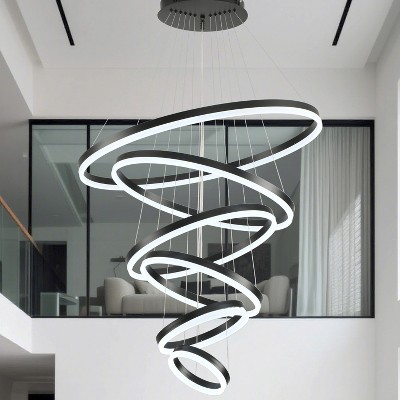 BAOURE 6-Rings Modern LED Chandelier D31.4" Gold Dimmable High Ceiling Chandelier for Dining Room with Remote Control for Entryway Staircase Foyer
