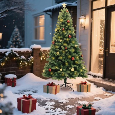 7FT Artificial Christmas Tree with Remote Control Green Holiday Tree for Living Room Office Party Decoration, Premium Hinged Artificial Pine Holiday