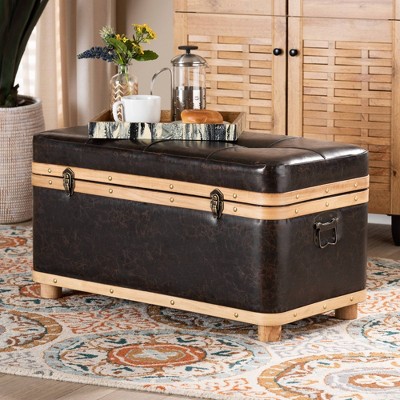Gendry Faux Leather Upholstered and Wood Large Storage Ottoman Dark Brown/Oak Brown - Baxton Studio