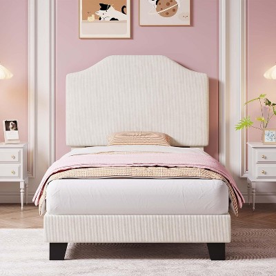 Twin Size Velvet Bed Frame Corduroy Upholstered Platform Bed with Adjustable Headboard, Strong Wooden Slats, Easy Assembly