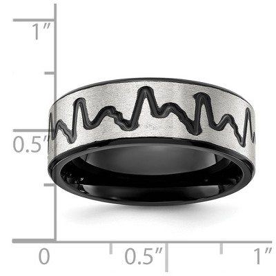 Chisel Stainless Steel Brushed Black IP-plated Heartbeat 8mm Band Ring