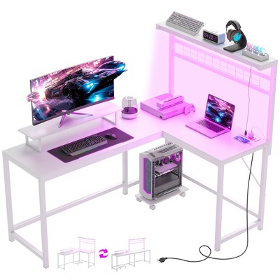 HOMCOM 61.6" L Shaped Desk with Power Outlets & LED Lights, Convertible Computer Desk with Monitor Stand and Computer Shelf for Home Office
