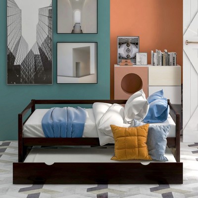 PAGED Twin Size Daybed Modern Simple Wooden Bed Frame with Trundle for Bedroom and Living Room