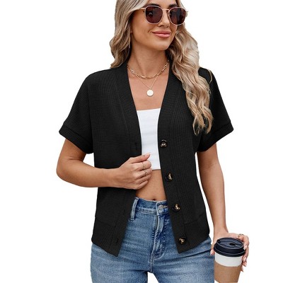 Clearlove Womens Summer Tops Waffle Front Knit Button Down Shirts Short Sleeve Casual Shacket Jacket Dressy Blouses