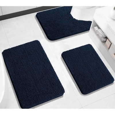 Home Mart Goods 3 Piece Set Navy Blue Soft Cozy Plush Chenille Bath Mat Highly Absorbent Bathroom Rug