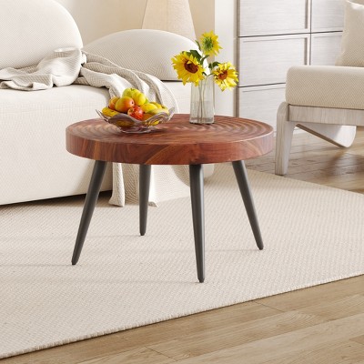 Airsurfer 23.6" Modern Round Coffee Table - Annular Texture Exquisite Suction Molding Process,Walnut Color Pattern Design,Black Sprayed Metal Leg.