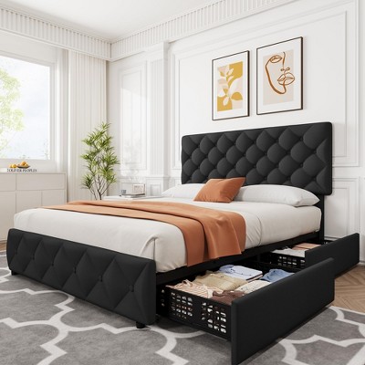 Full Size Bed Frame with 4 Storage Drawers & Adjustable Headboard, Linen Upholstered Platform, Diamond Stitched, No Box Spring Needed, Black