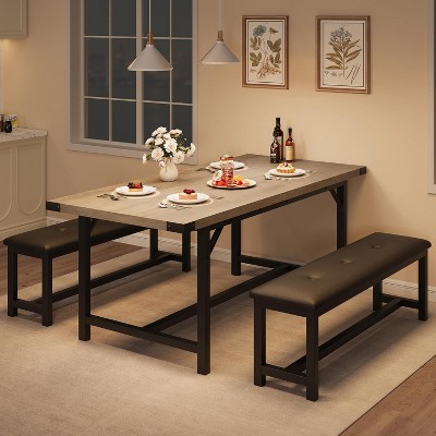 63" Rectangle Extendable Dining Table Set for 4-6, Space-Saving Kitchen Table with 2 Upholstered Benches for Apartment, Kitchen, Dining Room