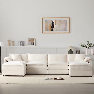 Whisen Modern Design 136" Chenille Modular Sectional Sofa with Double Cushions and Movable Ottomans
