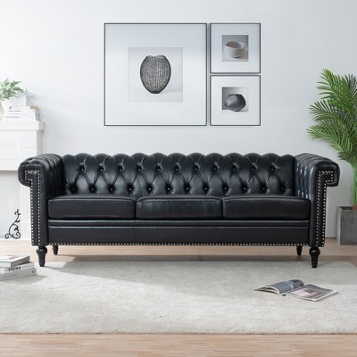 83.66" PU Leather Square Arm 3-Seater Sofa with Removable Cushions and Nailhead Trim