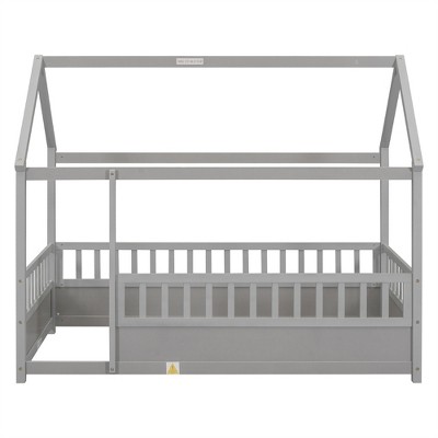 COWLOWN Twin Size House Frame Floor Bed with Roof & Fence Guardrails, Wooden Children's Bed for Play & Sleep
