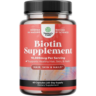 Pure 10000 mcg Biotin Pills for Women & Men, Natural Supplement for Shiny Thick Hair Growth, Get Clear Skin & Strong Nails, Nature's Craft, 60ct
