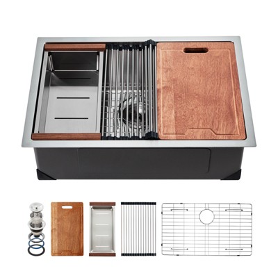VEVOR 32 inch Kitchen Sink Workstation, 304 Stainless Steel Undermount Sink, Drop-In Single Bowl Farmhouse Basin, Silver