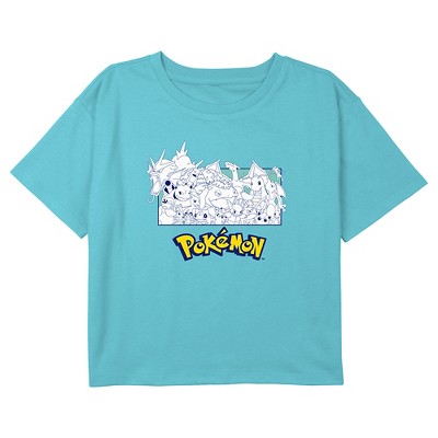 Girl's Pokemon Black and White Character Collage Graphic Graphic Cropped T-Shirt