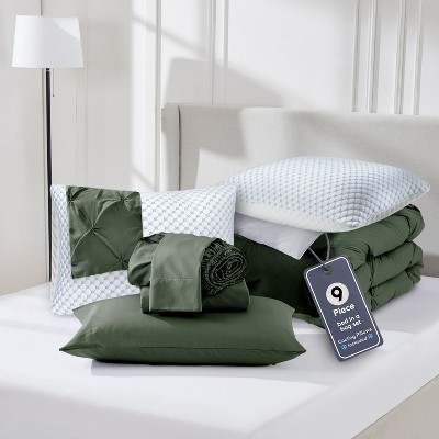 Nestl Comforter Set, 9 Piece Pinch Pleated Bedding Set, Bed in a Bag, All season Bed Set with Cooling Pillows