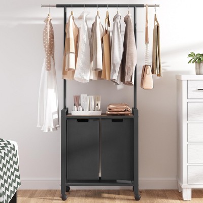 Laundry Sorter Section With Extendable Hanging Bar, Heavy Duty Laundry Basket With Rolling Lockable Wheels And Shelf, Laundry Room Organization