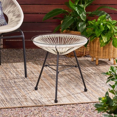 Kumasinova 18" Industrial Tempered Glass Top Outdoor Side Table with Rattan Frame&Iron legs,Patio Accent End Table for Poolside,Garden&Porch,White