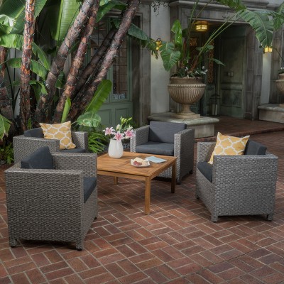 Puerta 4pc Wicker Club Chair & Coffee Table Set - Teak/Mixed Black/Dark Gray - Christopher Knight Home
