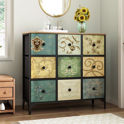ZACHVO 9-Drawer Baroque florals Fabric Dresser – Water-Resistant Wood Top, Vintage Printed Fronts, 4 Adjustable Feet
