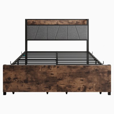 TiramisuBest Full Bed Frame with Storage Headboard & Charging Station, Sturdy Noise-Free Design, No Box Spring & Easy Assembly (Brown/Gray)