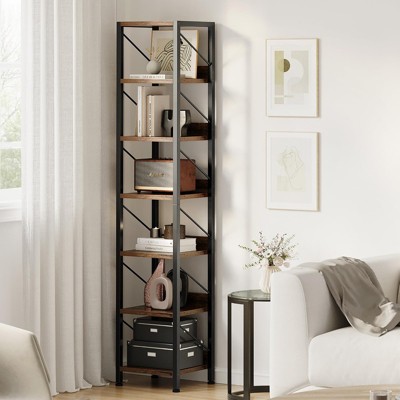 Narrow Bookshelf Tall Skinny Bookcase 6 Tier Storage Rack Rustic Corner Shelf Metal Frame Small Freestanding Bookshelves Industrial Display Stand