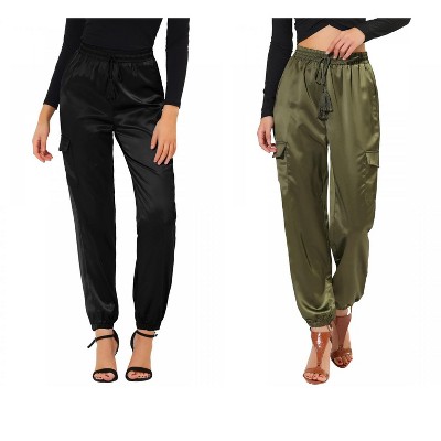 Allegra K Women's Drawstring Elastic High Waist Cargo Pocket Silky Satin Pants 2 Packs