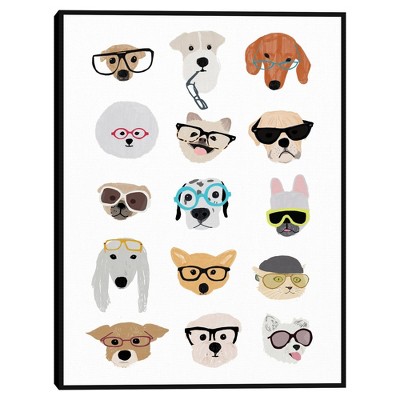 18" x 24" Dogs with Glasses by Hanna Melin Framed Canvas Art Print - Masterpiece Art Gallery: Modern Animal Wall Decor, Pine Frame